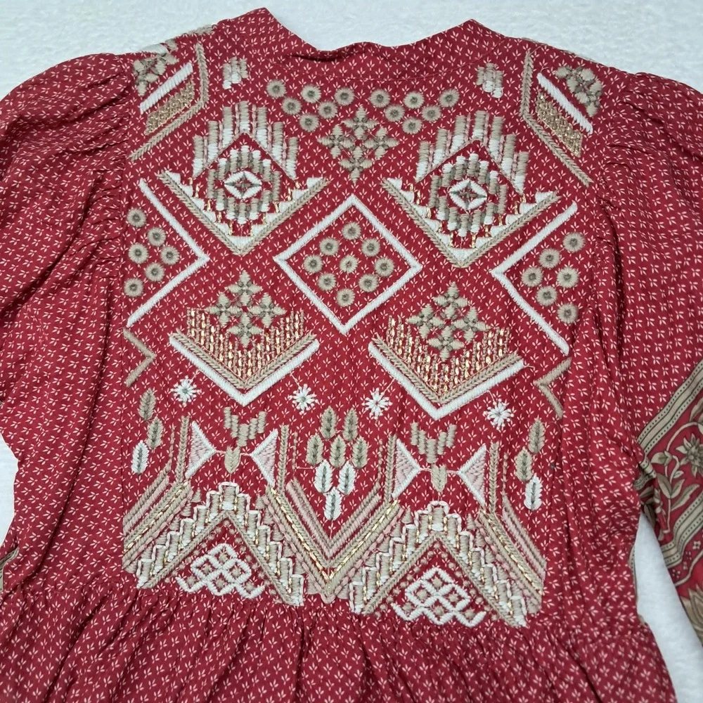 Anthropologie Keira Embroidered Peplum Women's 8 Red Long Sleeve V Neck Boho - Picture 5 of 12